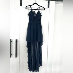 Stylish Navy Dress With Gorgeous High Low Skirt And Fitted Top With Lace Back